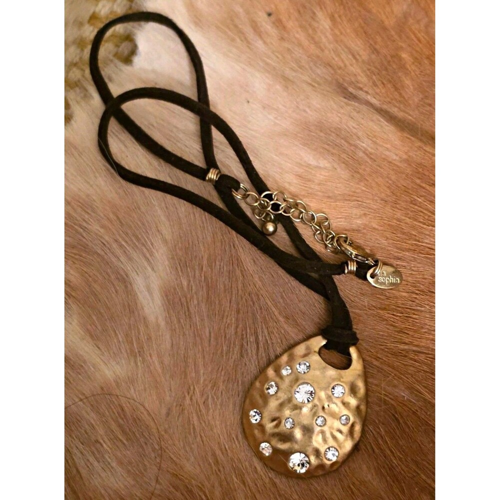 Lia Sophia GoldTone Hammered Teardrop Pendant Necklace Black Suede Cord Crystals